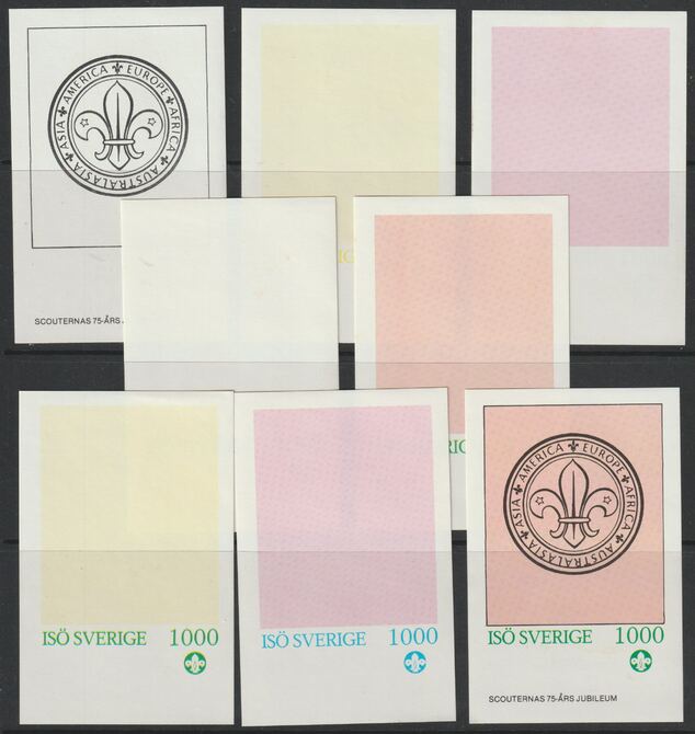Iso - Sweden 1982 75th Anniversary of Scouting imperf deluxe sheet (1000 value) - the set of 8 imperf progressive proofs comprising the 4 individual colours, 2, 3 & all 4 colour composites unmounted mint , stamps on scouts, stamps on 