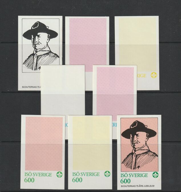 Iso - Sweden 1982 75th Anniversary of Scouting imperf souvenir sheet (600 value) - the set of 8 imperf progressive proofs comprising the 4 individual colours, 2, 3 & all 4 colour composites unmounted mint , stamps on , stamps on  stamps on scouts, stamps on  stamps on 