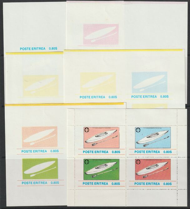 Eritrea 1982 75th Anniversary of Scouting sheet of 4 values - part set of 5 imperf progressive proofs comprising 3 individual colours, 2 & 3 colour composites plus the perforated issued sheet, all unmounted mint , stamps on scouts, stamps on 