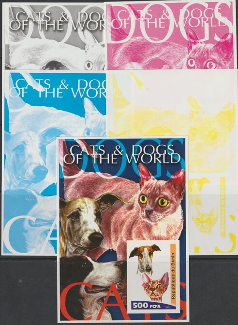 Benin 2003 Cats & Dogs of the World set of 5 imperf progressive colour proofs comprising the 4 basic colours plus all 4-colour composite unmounted mint , stamps on , stamps on  stamps on dogs, stamps on  stamps on cats, stamps on  stamps on 