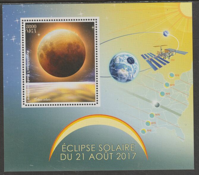 Madagascar 2017 Solar Eclipse perf m/sheet containing one value unmounted mint, stamps on space, stamps on eclipse, stamps on satellites