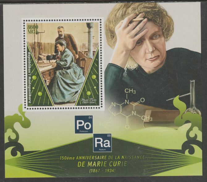 Madagascar 2017 Marie Curie perf m/sheet containing one value unmounted mint, stamps on personalities, stamps on curie, stamps on medical, stamps on physics, stamps on nobel