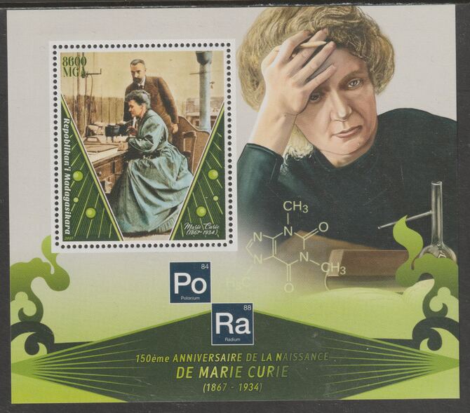 Madagascar 2017 Marie Curie perf m/sheet containing one value unmounted mint, stamps on personalities, stamps on curie, stamps on medical, stamps on physics, stamps on nobel