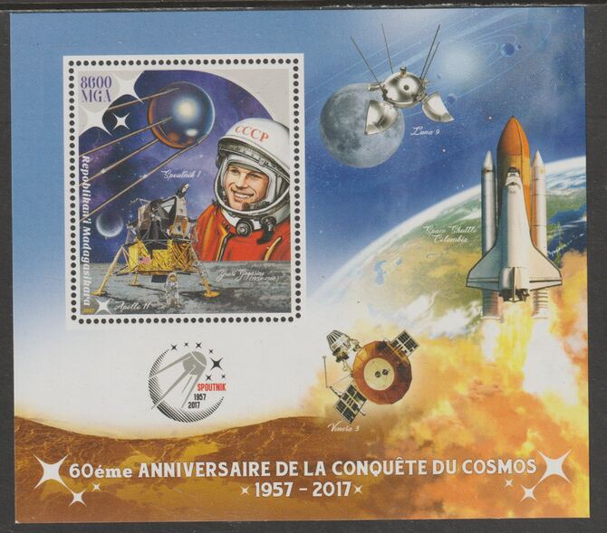 Madagascar 2017 Conquest of Space perf m/sheet containing one value unmounted mint, stamps on space, stamps on rockets, stamps on shuttle, stamps on satellites