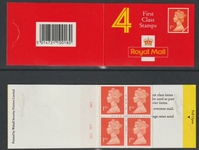 Great Britain - Laminated cover with 4 x 1st class stamps with cyl W1-W1-W1, stamps on machins