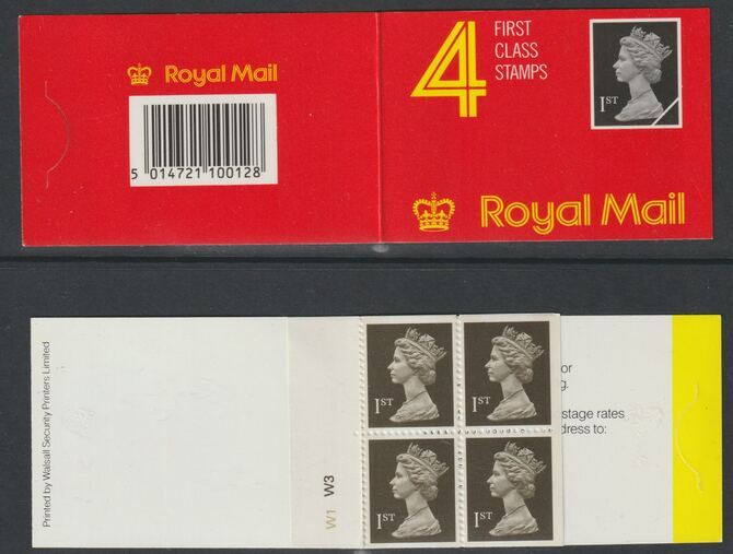 Booklet - Great Britain - Laminated cover with 4 x 1st class stamps with cyl W1-W3, stamps on machins