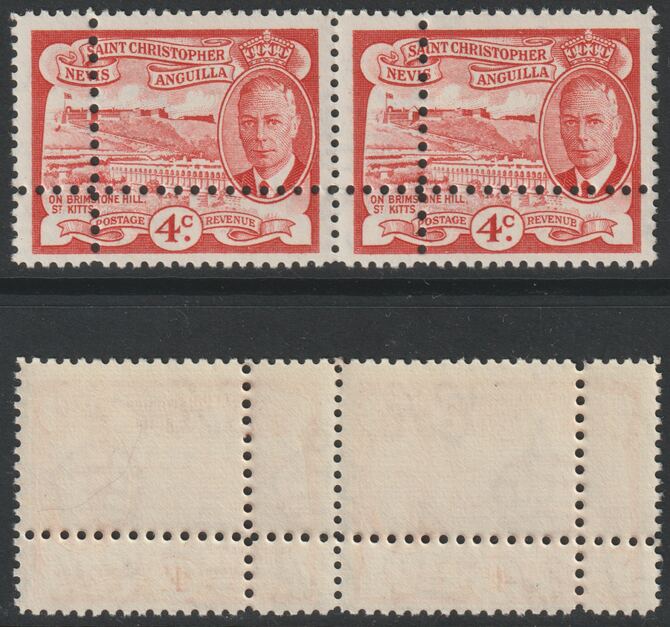 St Kitts-Nevis 1952 KG6 Full Face 4c (SG97) horiz pair  with forged doubled perfs (stamps are quartered) unmounted mint. Note: the stamps are genuine but the additional perfs are a slightly different gauge identifying it to be a forgery., stamps on , stamps on  kg6 , stamps on rivers, stamps on forgeries