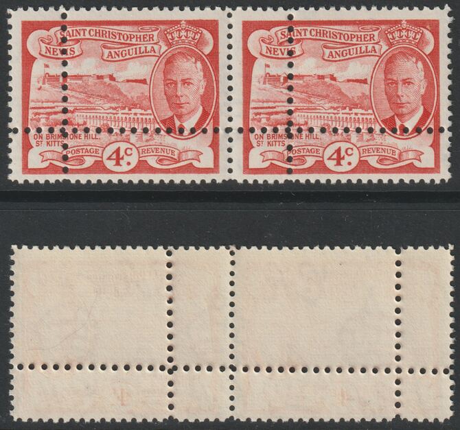 St Kitts-Nevis 1952 KG6 Full Face 4c (SG97) horiz pair  with forged doubled perfs (stamps are quartered) unmounted mint. Note: the stamps are genuine but the additional p..., stamps on , stamps on  kg6 , stamps on rivers, stamps on forgeries