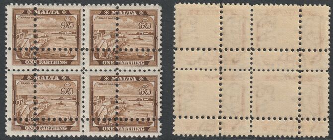 Malta 1938 KG6 Grand Harnour 1/4d (SG217) block of 4 with forged doubled perfs (stamps are quartered) unmounted mint. Note: the stamps are genuine but the additional perfs are a slightly different gauge identifying it to be a forgery., stamps on , stamps on  kg6 , stamps on harbours, stamps on forgeries