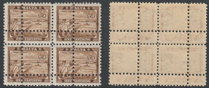 Malta 1938 KG6 Grand Harnour 1/4d (SG217) block of 4 with forged doubled perfs (stamps are quartered) unmounted mint. Note: the stamps are genuine but the additional perf..., stamps on , stamps on  kg6 , stamps on harbours, stamps on forgeries