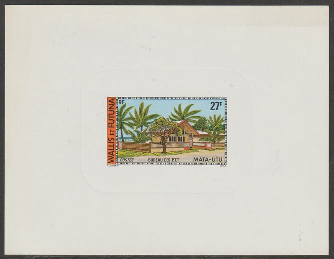 Wallis & Futuna 1977 Post Office 27f (from Buildings & Monuments set) imperf die proof in issued colours on glossy sunken card, as SG 271, stamps on post office, stamps on buildings