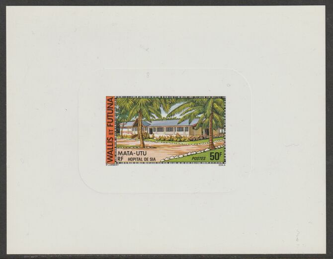 Wallis & Futuna 1977 Sea Hospital 50f (from Buildings & Monuments set) imperf die proof in issued colours on glossy sunken card, as SG 272, stamps on medical, stamps on hospital
