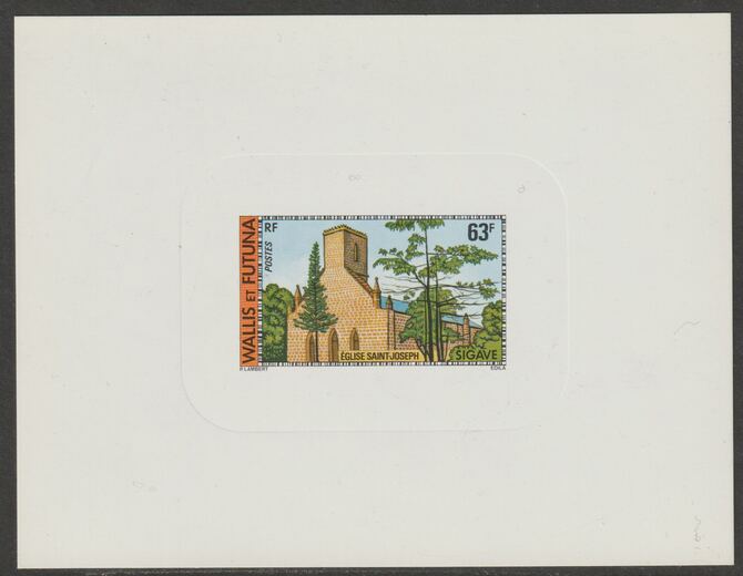 Wallis & Futuna 1977 St Josephs Church 63f (from Buildings & Monuments set) imperf die proof in issued colours on glossy sunken card, as SG 274, stamps on churches