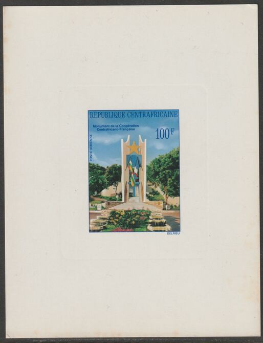 Central African Republic 1976 Co-operation Monument 100f imperf die proof in issued colours on sunken card, as SG 406, stamps on monuments