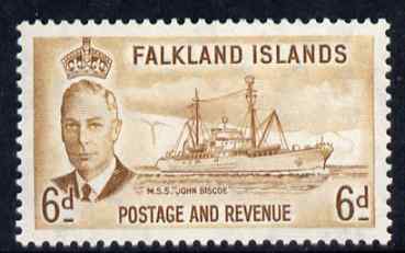 Falkland Islands 1952 KG6 John Biscoe (ship) 6d very lightly mounted mint, SG 178, stamps on , stamps on  stamps on , stamps on  stamps on  kg6 , stamps on  stamps on ships