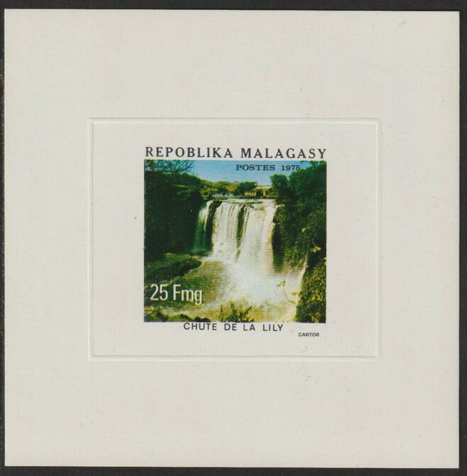 Malagasy Republic 1975 Lily Waterfall 25f imperf deluxe die proof in issued colours on sunken card as SG326, stamps on , stamps on  stamps on waterfalls
