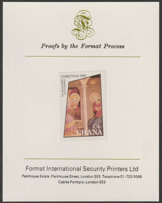 Ghana 1980 Christmas 4C imperf proof mounted on Format International proof card as SG 932, stamps on christmas, stamps on 