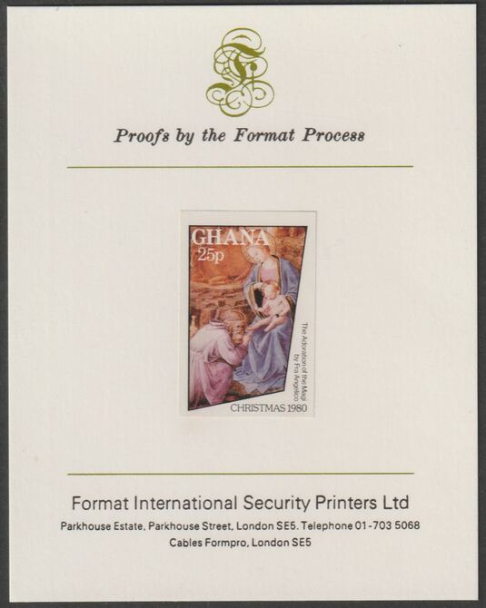Ghana 1980 Christmas 25p imperf proof mounted on Format International proof card ex SG MS 933, stamps on christmas, stamps on 