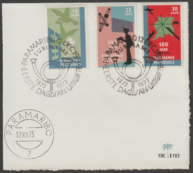 Surinam 1973 Stamp Centenary set of 3 on piece with first day cancels SG 762-64, stamps on , stamps on  stamps on stamp centenary, stamps on  stamps on postal