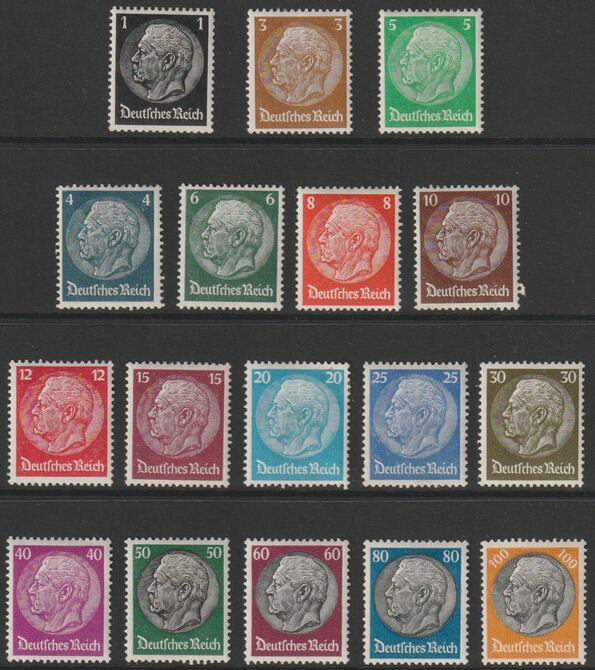 Germany 1933-41 Hindenburg complete set of 17 values 1pf-100pf mounted mint SG493B-509B, stamps on hindenburg