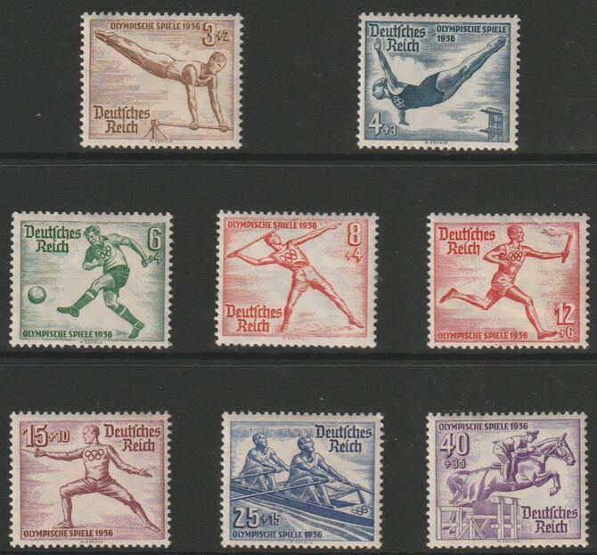 Germany 1936 Berlin Olympic Games perf set of 8 mounted mint SG606-13, stamps on , stamps on  stamps on olympics, stamps on  stamps on  gym , stamps on  stamps on gymnastics, stamps on  stamps on football, stamps on  stamps on javelin, stamps on  stamps on fencing, stamps on  stamps on show jumping