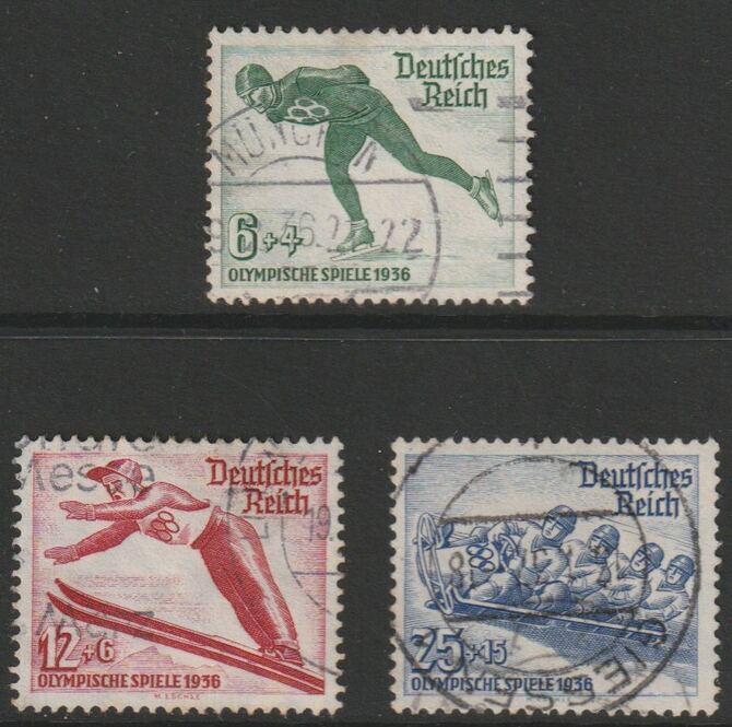 Germany 1935 Winter Olympic Games perf set of 3 good used SG 597-99, stamps on , stamps on  stamps on olympics, stamps on  stamps on  skating, stamps on  stamps on skiing, stamps on  stamps on bobsled