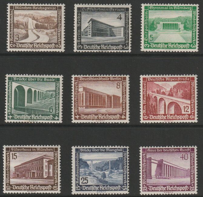 Germany 1936 Winter Relief Fund perf set of 9 mounted mint SG623-31, stamps on , stamps on  stamps on buildings, stamps on  stamps on bridges
