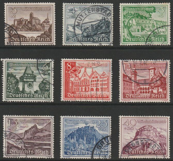 Germany 1939 Winter Relief Fund perf set of 9 cds used SG718-26, stamps on buildings, stamps on castles