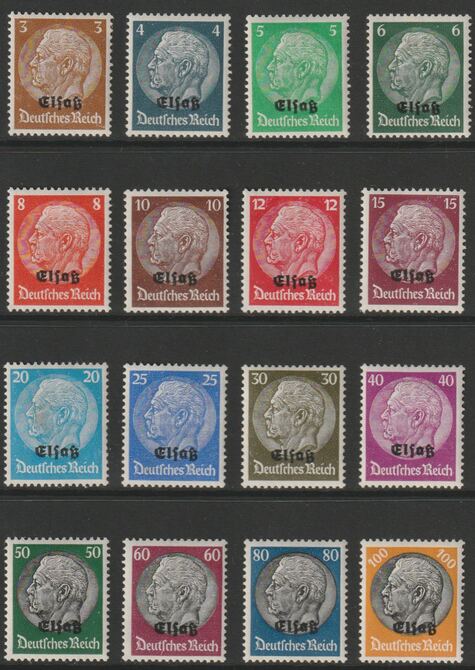 Germany - Alsace 1940 Hindenburg overprinted complete set of 16 values mounted mint SG 1-16, stamps on hindenburg