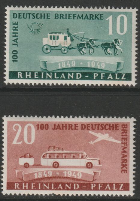 Germany - Allied Occupation - French Zone - Rhineland 1949 Stamp Centenary set of 2 mounted mint SG FR49-50, stamps on , stamps on  stamps on postal, stamps on  stamps on mail coach, stamps on  stamps on 