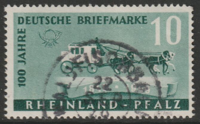 Germany - Allied Occupation - French Zone - Rhineland 1949 Stamp Centenary 10pf good used SG FR49, stamps on postal, stamps on mail coach, stamps on 