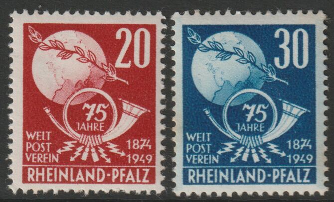 Germany - Allied Occupation - French Zone - Rhineland 1949 75th Anniversary of UPU set of 2 mounted mint SG FR51-52, stamps on , stamps on  upu , stamps on postal