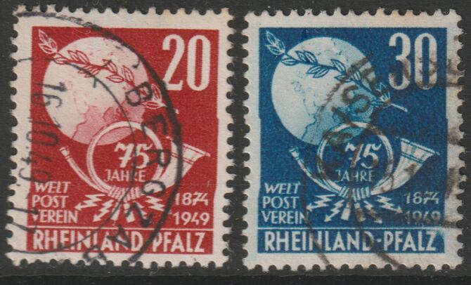 Germany - Allied Occupation - French Zone - Rhineland 1949 75th Anniversary of UPU set of 2 good used SG FR51-52, stamps on , stamps on  stamps on , stamps on  stamps on  upu , stamps on  stamps on postal
