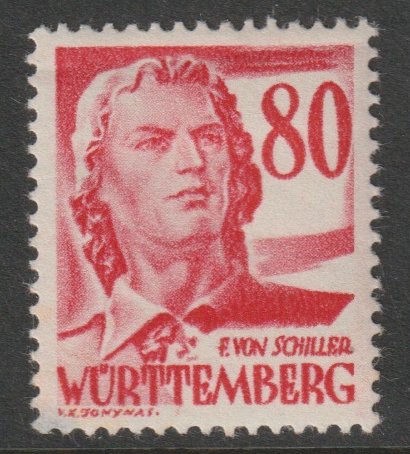 Germany - Allied Occupation - French Zone - Wurttemberg 1948 Von Schiller 80pf heavily mounted mint SGFW36, stamps on , stamps on  stamps on literature