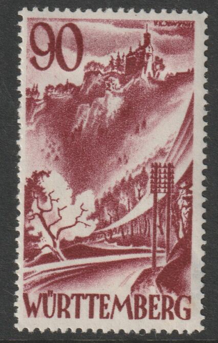Germany - Allied Occupation - French Zone - Wurttemberg 1948 Castle 90pf mounted mint SGFW37, stamps on castles