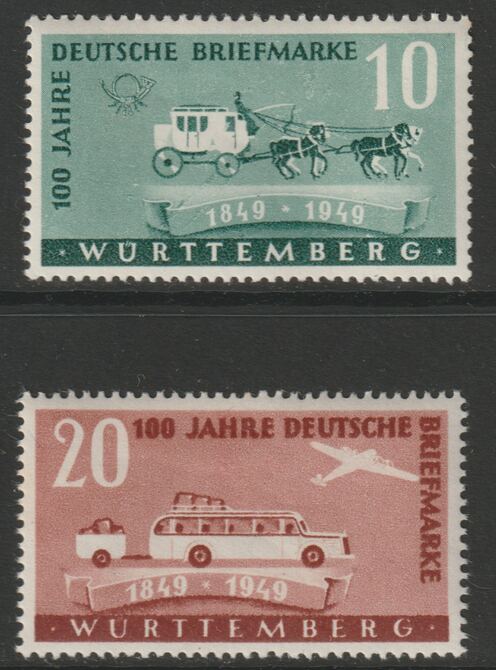 Germany - Allied Occupation - French Zone - Wurttemberg 1949 Stamp Centenary set of 2 mounted mint SG FW49-50, stamps on postal, stamps on mail coach, stamps on 