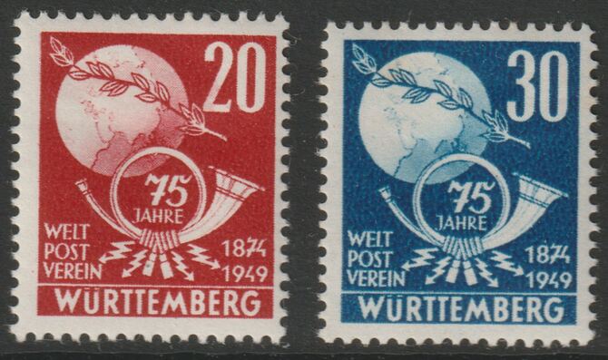 Germany - Allied Occupation - French Zone - Wurttemberg 1949 75th Anniversary of UPU set of 2 mounted mint SG FW51-52, stamps on , stamps on  stamps on , stamps on  stamps on  upu , stamps on  stamps on postal