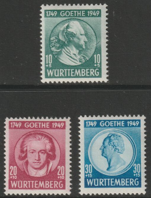 Germany - Allied Occupation - French Zone - Wurttemberg 1949 Birth Bicentenary of Goethe perf set of 3 mounted mint SG FW44-46, stamps on goethe.literature