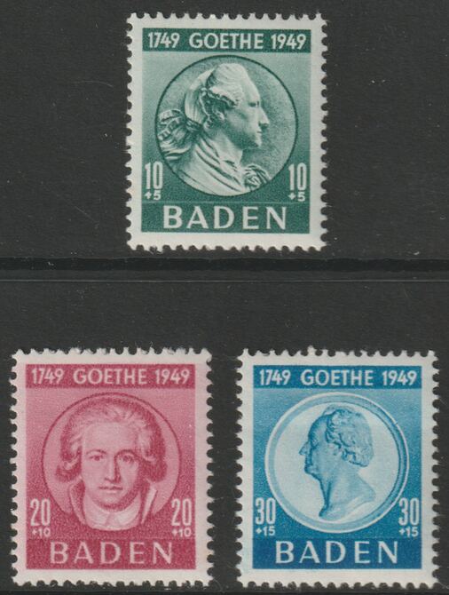 Germany - Allied Occupation - French Zone - Baden 1949 Birth Bicentenary of Goethe perf set of 3 mounted mint SG FB47-49, stamps on goethe.literature