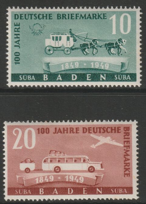 Germany - Allied Occupation - French Zone - Baden 1949 Stamp Centenary set of 2 mounted mint SG FB54-55, stamps on postal, stamps on mail coach, stamps on 