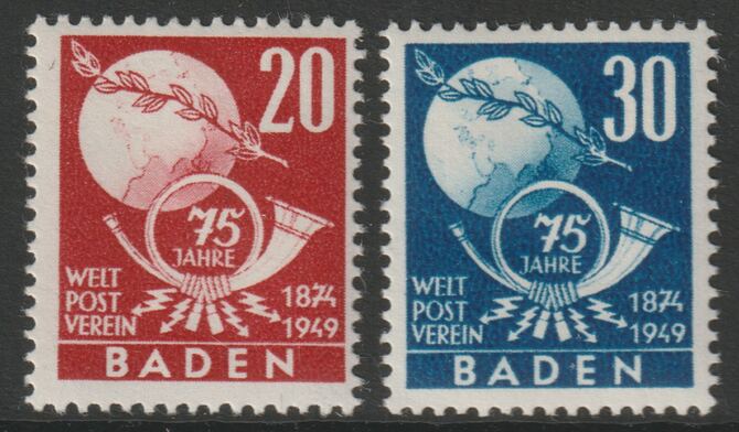 Germany - Allied Occupation - French Zone - Baden 1949 75th Anniversary of UPU set of 2 mounted mint SG FB56-57, stamps on , stamps on  stamps on , stamps on  stamps on  upu , stamps on  stamps on postal