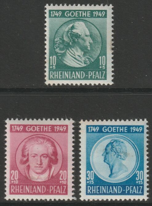 Germany - Allied Occupation - French Zone - Rhineland 1949 Birth Bicentenary of Goethe perf set of 3 mounted mint SG FR46-48, stamps on goethe.literature
