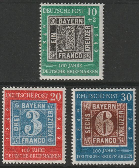 Germany - West 1949 Stamp Centenary perf set of 3 mounted mint SG 1035-37, stamps on postal, stamps on stamp on stamp