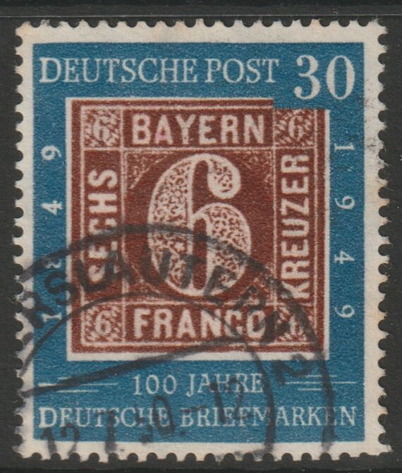 Germany - West 1949 Stamp Centenary 30pf cds used SG 1037, stamps on postal, stamps on stamp on stamp