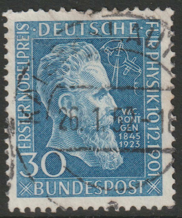 Germany - West 1951 50th Anniversary of Award to RÃ¶ntgen - first Nobel Prize for Physics good usedt, SG 1073, stamps on nobel, stamps on science, stamps on physics, stamps on atomics, stamps on personalities, stamps on x-rays