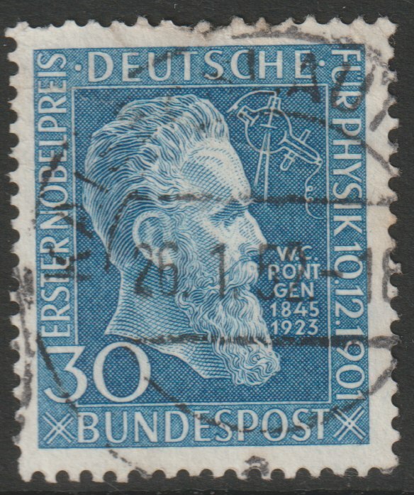Germany - West 1951 50th Anniversary of Award to Röntgen - first Nobel Prize for Physics good usedt, SG 1073, stamps on nobel, stamps on science, stamps on physics, stamps on atomics, stamps on personalities, stamps on x-rays