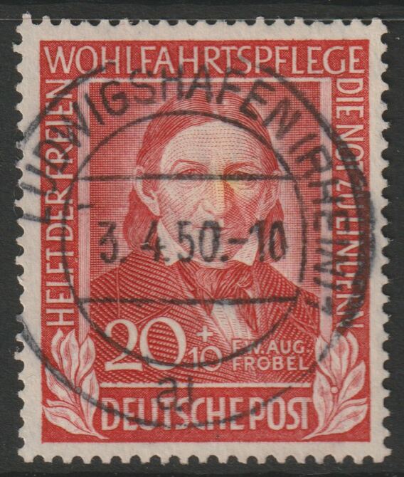 Germany - West 1949 Refugees Relief Fund 20pf+10pf good used SG 1041, stamps on refugees, stamps on personalities