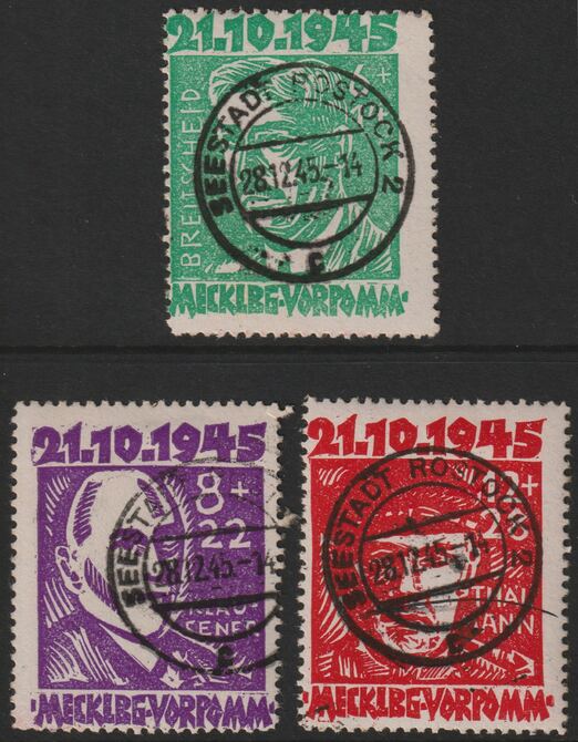 Germany - Allied Occupation - Russian Zone  - Mecklenmburg 1945 Victims of Fascism perf set of 3 cds used SG RB13-15, stamps on , stamps on  stamps on constitutions