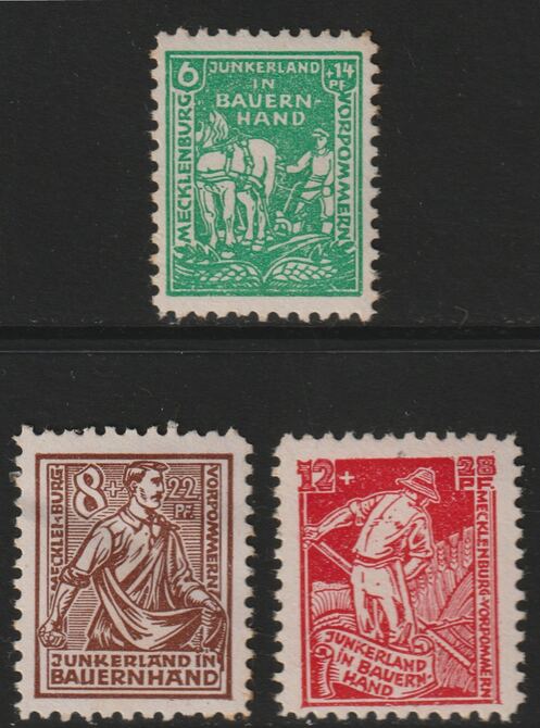 Germany - Allied Occupation - Russian Zone  - Mecklenmburg 1945 Charity Land Reform perf set of 3 mounted mint SGRB16-18, stamps on , stamps on  stamps on farming
