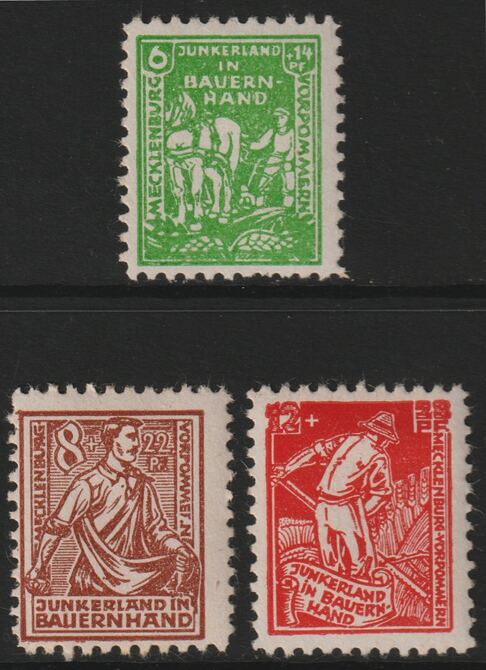 Germany - Allied Occupation - Russian Zone  - Mecklenmburg 1945 Charity Land Reform perf set of 3 in alternative colours mounted mint SGRB16a-18a, stamps on farming